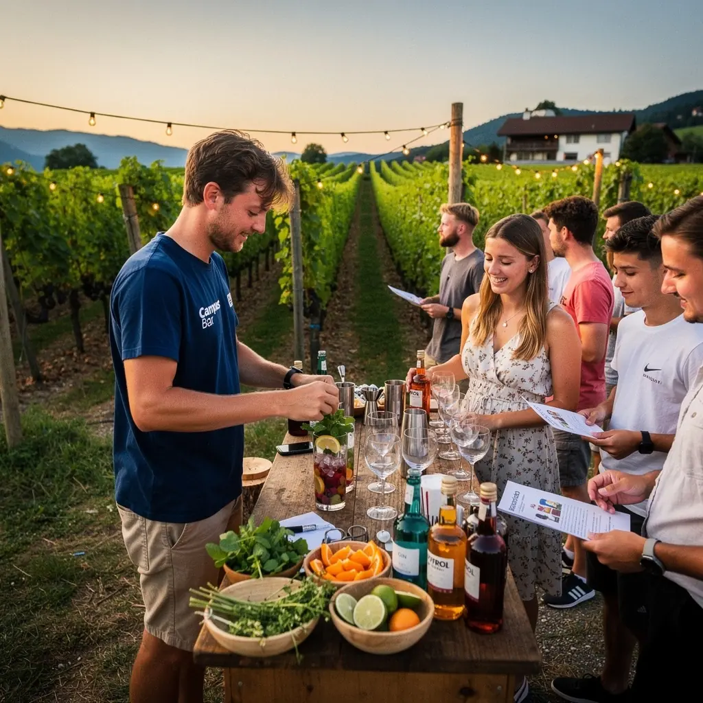 Eine Gruppe von Schülern lernt die Kunst des Mixens unter Anleitung eines Profis.