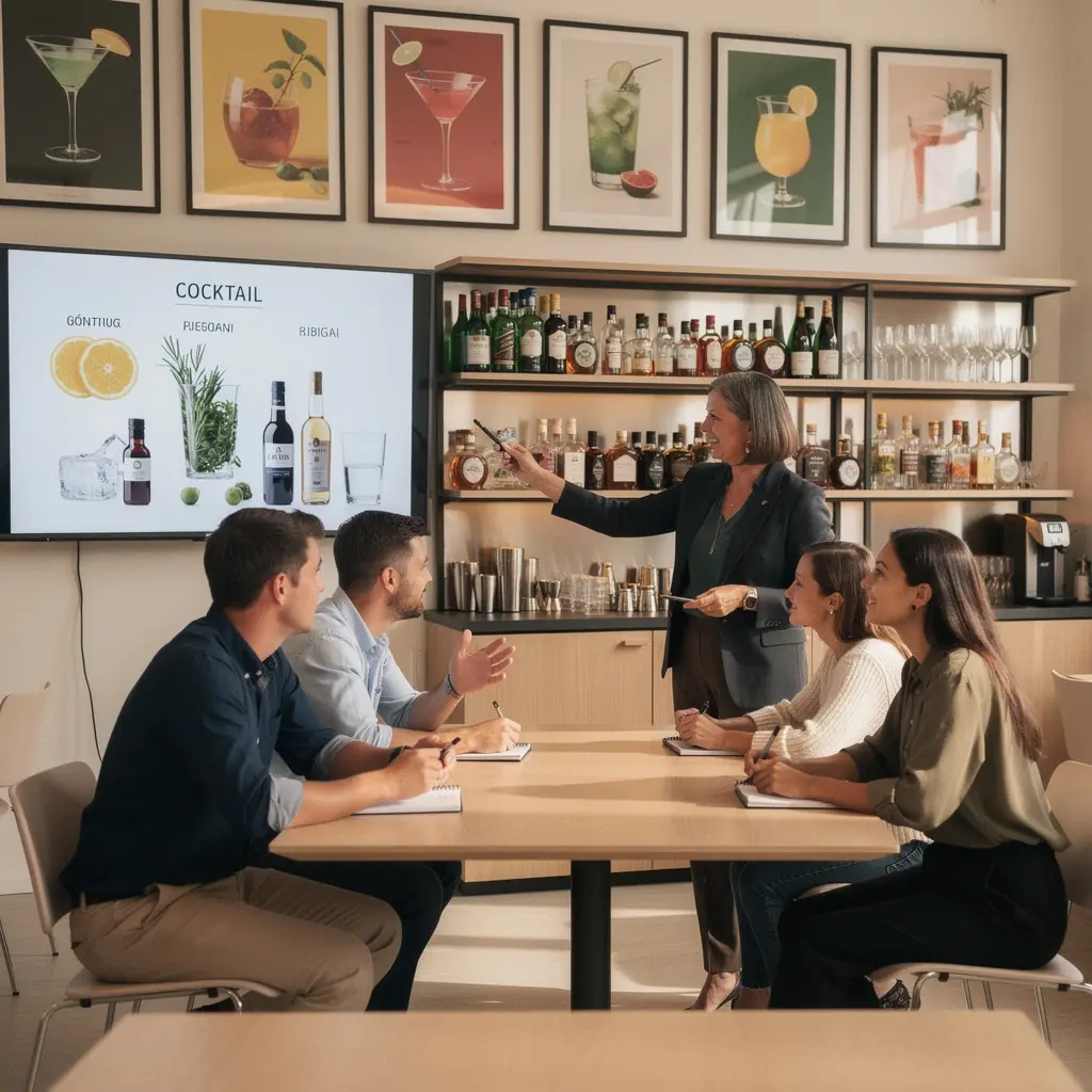 Ein erfahrener Barkeeper bereitet einen bunten Cocktail an einer stilvollen Bar.