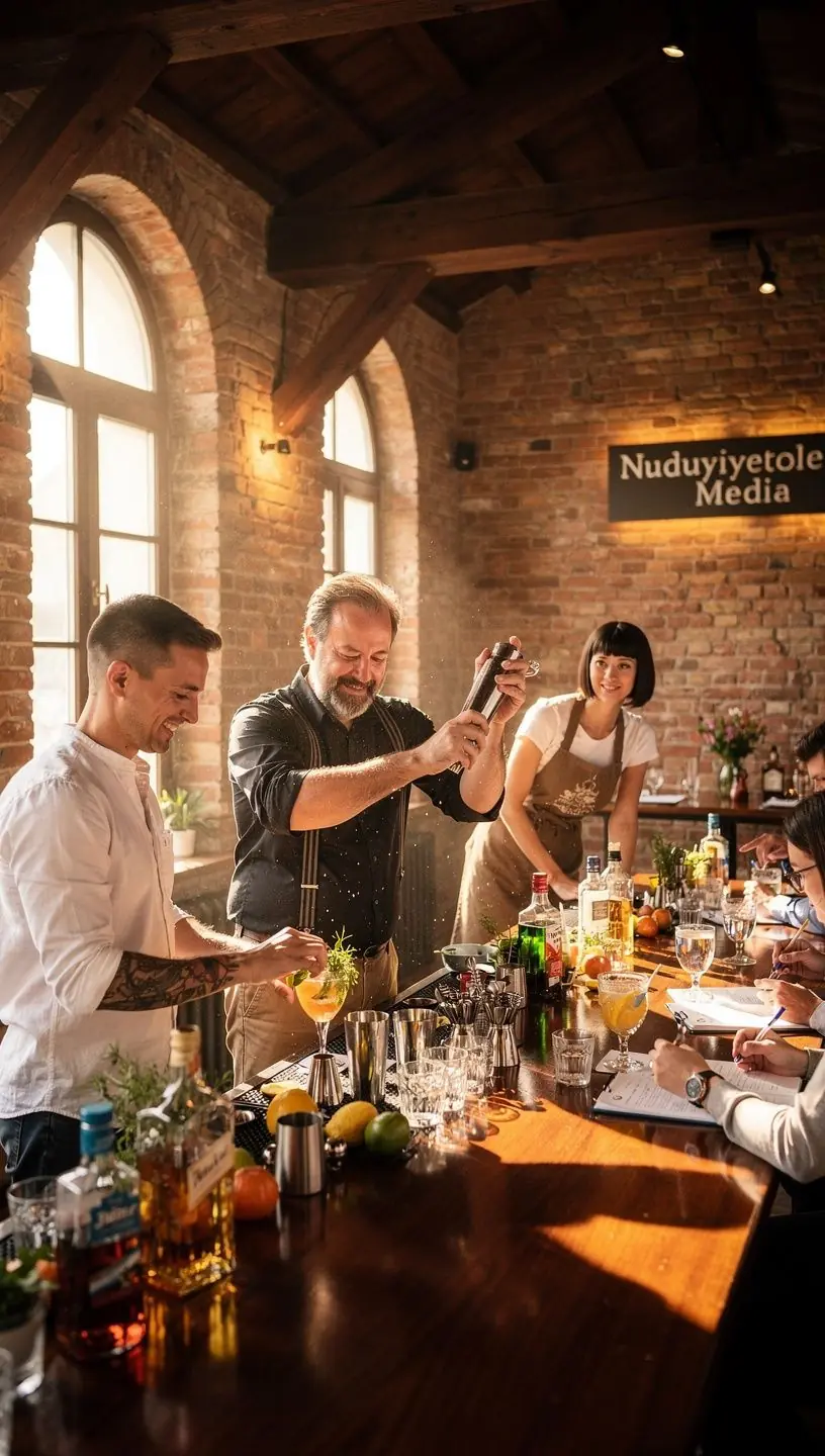 Ein stilvoll angerichteter Cocktail auf einem Tisch, umgeben von Barutensilien.