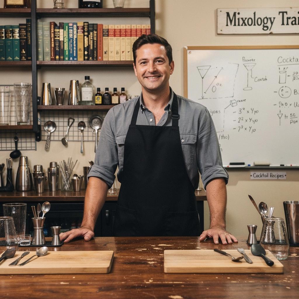 Schüler üben das Gießen von Spirituosen in verschiedenen Cocktailgläsern.