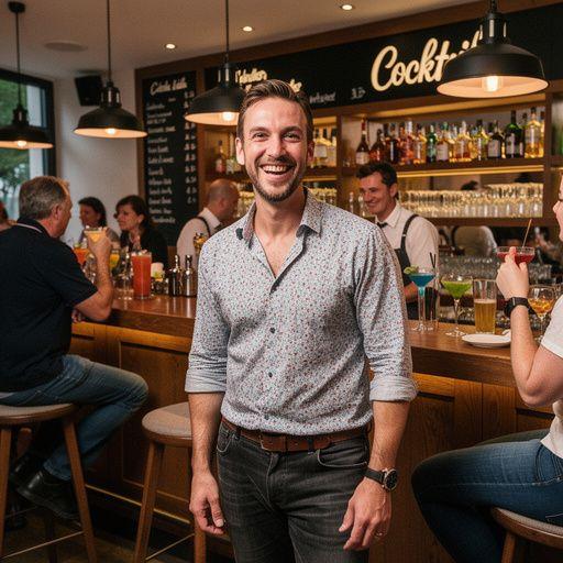 Ein Lehrbuch über Bar-Management liegt auf einem Tisch neben einem Cocktail-Shaker.